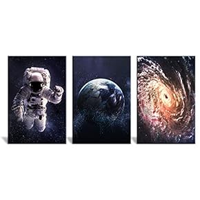 3 Panel Canvas Wall Art - Space Theme with Astronaut The Earth and The Universe - Giclee Print Gallery Wrap Modern Home Art Ready to Hang - 16"x24" x 3 Panels