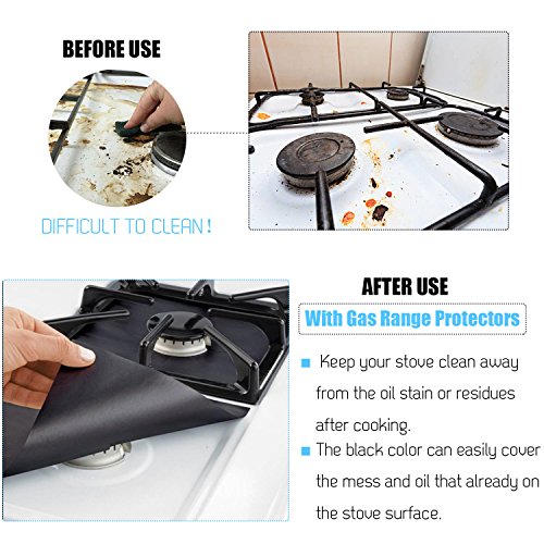 4 PCS Gas Range Protectors, Cuttable Black Stovetop Burner Protector Liner Cover Cleaners 0.2mm Thickness, FDA Approved, Non-Stick, Dishwasher Safe, Easy to Clean for Kitchen Cooking