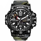 SMAEL men's sports watch outdoor waterproof watch double electronic quartz movement backlit army (green)