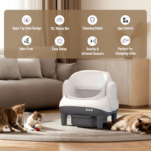 Automatic Cat Litter Box Self Cleaning for Cats, Litiere Pour Chat Autonettoyan, Large Top Entry Smart Litter Box with APP Control, Pedal Mat, Bags,15-Day Odor-Free,Robot Box Safe for Cat,Low Noise