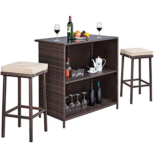 Yaheetech 3pcs Patio Bar Set, Outdoor Wicker Bar Furniture with 2