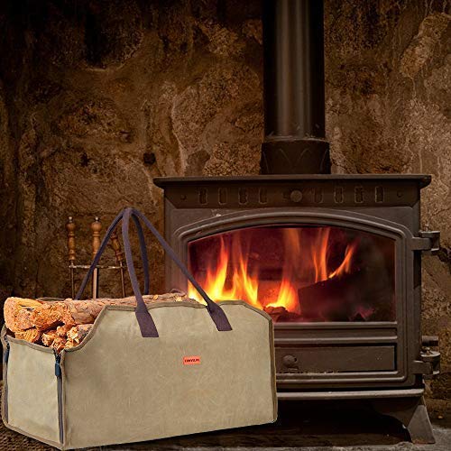Waxed Canvas Firewood Log Carrier Horse Feeding Tote Wood Carrying Bag Woodpile Fireplace/Camp/Stove/Cabin Durable Heavy Duty Handle - Washed/Resistance soiling Outdoor Indoor(Large Wood Bag-Zipper)
