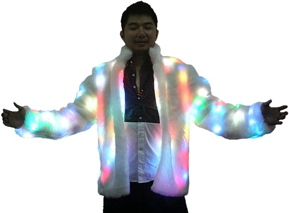 Mens Cool Flash LED Faux Fur Jacket Rave Light Up Party Costume Fancy Dress Long Sleeve Outwear