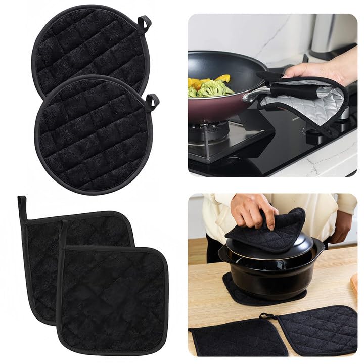 Acpetdr Pot Holders for Kitchen, Cotton Terry Kitchen Hot Pads Pot Holders Soup Pot Heat Pad, Oven Pot Holders for Kitchen Heat Resistant for Baking, Cooking 4PCS Black