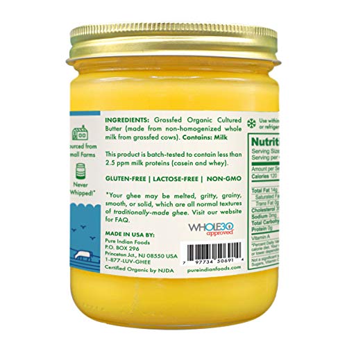 Grassfed Organic Cultured Ghee - by Pure Indian Foods ,14 oz, Pasture Raised, Lactose Free, Gluten-Free, Non-GMO, Paleo, Keto-Friendly, Batch Tested for Casein and Whey
