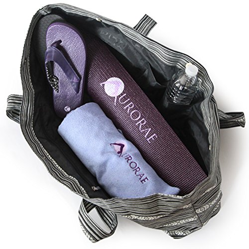 Aurorae Yoga Tote Bag, Extra Wide to Fit Most Yoga Mats and Accessories, in a Geometric Blue Coated Woven Pattern