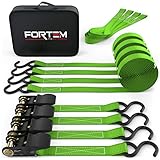 FORTEM Ratchet Tie Down Straps, 8pc Set, 1500lb Break Strength, Metal Buckles, Plastic Coated Metal Hooks, 4X 15ft Securing Straps, 4X Soft Loops, Carrying Case