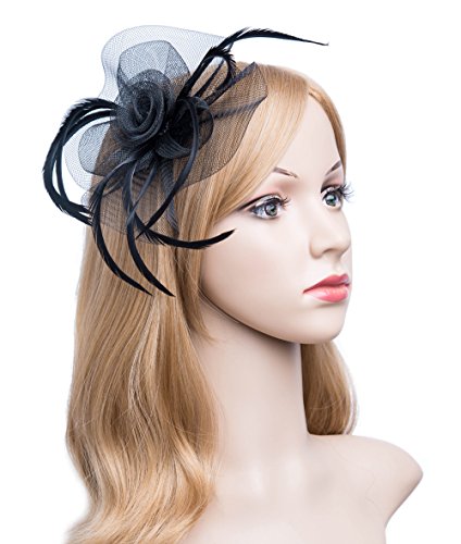 Kathyclassic Fascinator Hats for Women Feather Cocktail Party Hats Bridal Kentucky Derby Headband (Z-Black)