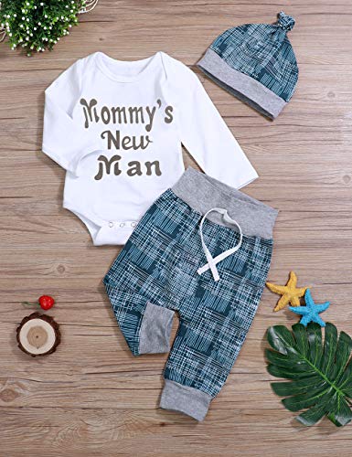 Newborn Baby Boy Clothes Crew Letter Print Romper+Long Pants+Hat 3PCS Outfits Setï¼ŒSoft Breathable Fabric (F-Blue, 6-9 Months)