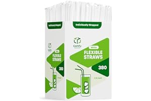 [380 Pack] Individually Wrapped Disposable Flexible Drinking Straws - BPA Free - White
