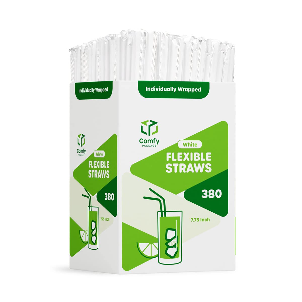 Photo 1 of Comfy Package Individually Wrapped Disposable Plastic Flexible Drinking Straws - BPA Free - White [380 Pack]