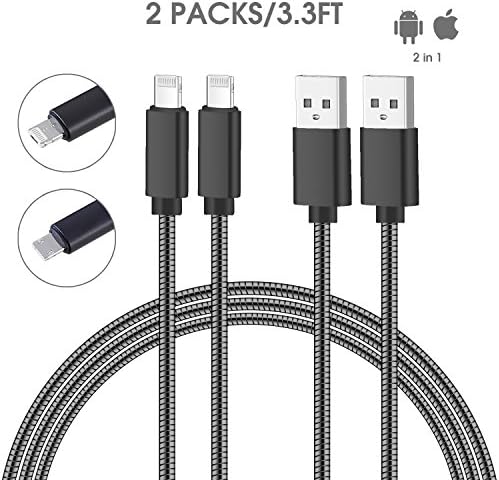 Android Charger &amp; Iphone Charger 2 in 1 Charger Lightning Cable, 2 Packs 3.3ft Micro USB Metal Charging &amp; Sync Cable for Android Samsung Galaxy iPhone iPad and More - Black
