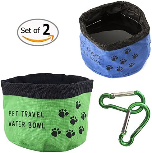 Travel Pet Bowl, CROMI Oxford Fabric Portable Folding Collapsible 2 Pack Food Water Bowl Cup for Dogs &amp; Cats (Green / Blue)