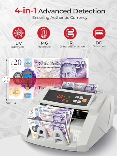 FOHERE Money Counter Machine, Professional Bill Counter with UV/IR/DD Counterfeit Detection, 1100 Banknotes/Minute, LCD Display, Value & Batch Cash Counting Modes for Shops, Banks and Restaurants