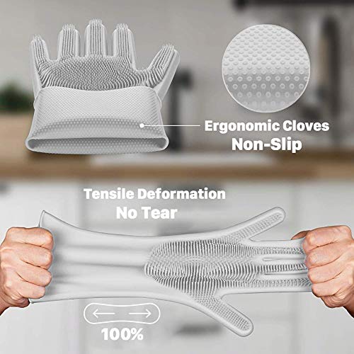 image for NIROLLE Reusable Silicone Dishwashing Gloves, Pair of Rubber Scrubbing
