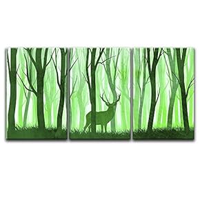 3 Panel Animal Canvas Wall Art - Watercolor Painting Style Deer in Green Woods - Giclee Print Gallery Wrap Modern Home Art Ready to Hang - 16"x24" x 3 Panels
