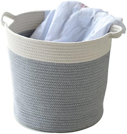 Hoffom Foldable Linen Cotton Rope Storage Bin Laundry Hamper With Handles Color Mixed Stripe (Grey)