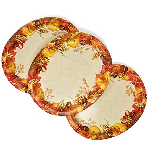 Confettiville Thanksgiving Paper Plates, 50-Count Fall-Themed Decorative Disposable Serving Plates, Pale Apricot, Gold Foil Scalloped Edge, 9 Inches