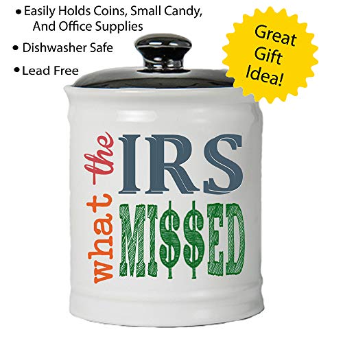 Tumbleweed - What The IRS Missed - White Round Ceramic Piggy Bank Jar With Black Lid - Funny Coin Bank - Gifts For Men