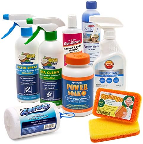 Scorching Tub Spa Cleansing Provides Package: Shell Wax, Spa Cowl Protectant, Spa & Pool Filter Cleaner, Pillow & Cupboard Cleaner, Polish Applicator Pad, Spa System Flush, ZorbO