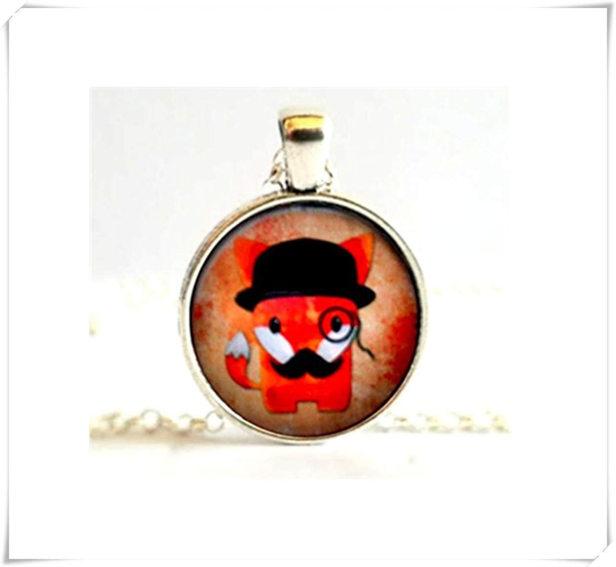 Orange Hipster Fox Mustache and Glasses Silver Necklace Pendant