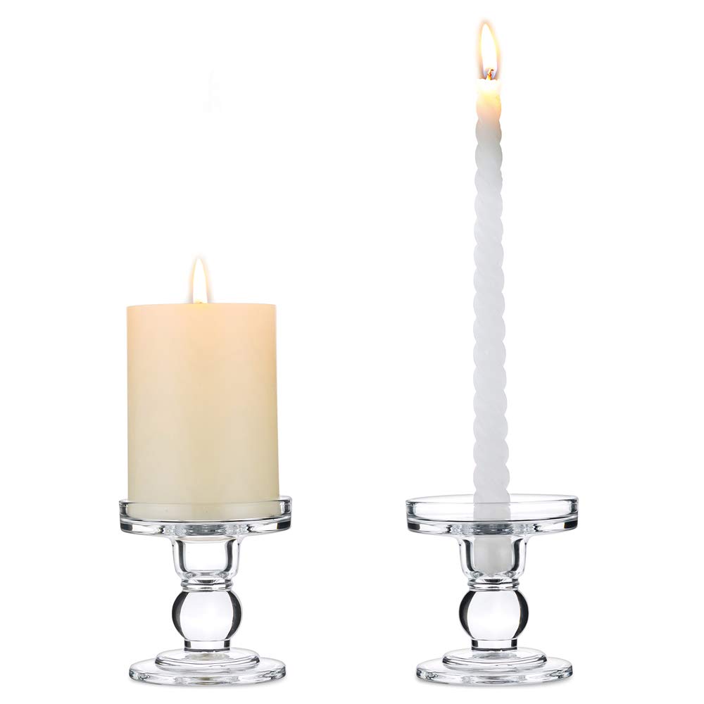 NUPTIO 2 Pcs Glass Taper & Pillar Candle Holder, Christmas Candle Holder Decorations, 8cm Height Crystal Window Candles Stand, for Wedding & Dinning Table Centerpieces Home Halloween Decoration