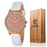 CUCOL Women's Quartz Bamboo Wooden Watch White Leather Strap Minimalist Design With Gift Box