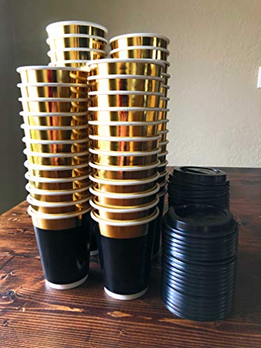 Gold Rim 12oz Double Wall Coffee Cups 40pcs + 10pcs bonus - Disposable Paper Cup with Lids - Insulated black design to go for hot beverage - Multi-purpose Leak Proof Container - ELEGANT GOLD DESIGN