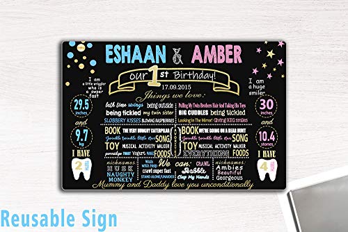 Qian Twin Birthday Chalkboard Sign Reusable Easy Clean 1st 2nd First Birthday Board for Twins Boy Girl Party Decoration Customizable with Liquid Chalk Markers 8 x 12 inches Sign
