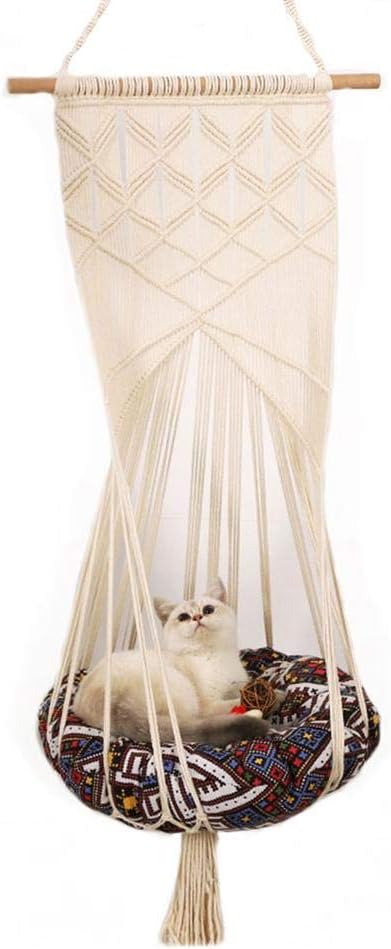Allowevt Macrame Cat Hammock Bed Wall Hanging Pet Swing Boho Macrame Decorative Hanging Hammock Swing Chair for Kitten Cat（Not Include Cushion）