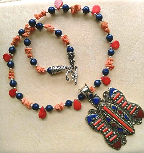 Coral and Lapis Mozaic necklace with Tibetan/Nepali pendant - Bohemian Statement