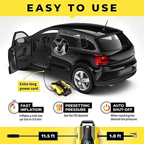 GERCHWAY Portable Car Air Compressor w/Auto Shut Off Feature/Long Cord, Digital Tire Inflator Pump, Storage Bag