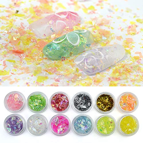 QIMYAR 12 Colors Nail Glitter Ice Mylar Shell Foil Slice Nail Art Decoration Tools (12 color)