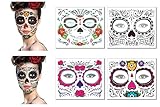 Day of The Dead Face Tattoos Kit - Sugar Skull Glitter Red Roses Temporary Tattoos Stickers Halloween Adults Kids Makeup Kit Halloween Party Favors Supplies (4 Sheets)