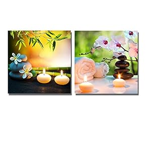 Massage Composition Spa with Candles Orchids Stones in Garden - Canvas Art Wall Art - 12"x12" x 2 Panels