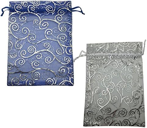 Sosam 100PCS 4x6" (10x15cm) Drawstring Organza Jewelry Favor Pouches Wedding Party Festival Gift Bags Candy Bags (4x6" (10x15cm), Blue Silver and White Silver)