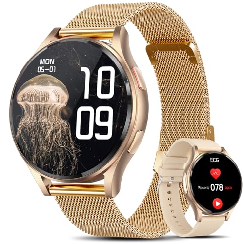Lgnitek 2026 ECG+HRV Reloj Inteligente Mujer con BMI/Acido Urico/Microchequeo, 1.43'' AMOLED Smartwatch con Función Femenina, 24H Pulsometro, SpO2, Monitor de Sueño, para iOS Android