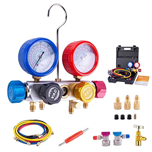 3 Way AC Manifold Gauge Set With Hoses Couplers & Adapter For R410 R22 R404A R134A Refrigerant AC Gauges Automotive AC Gauge Set