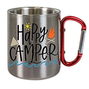 CreaLuxe Edelstahltasse mit Karabiner ‚Happy Camper‘ Tasse bedruckt, Kaffeetasse, Bürotasse, Metalltasse mit Name