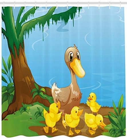 vrupi Duck shower curtain cute duck and her duckling on the river bank tree and grass cartoon style illustration 71x71inch Polyester waterproof fabric includes twelve plastic hooks