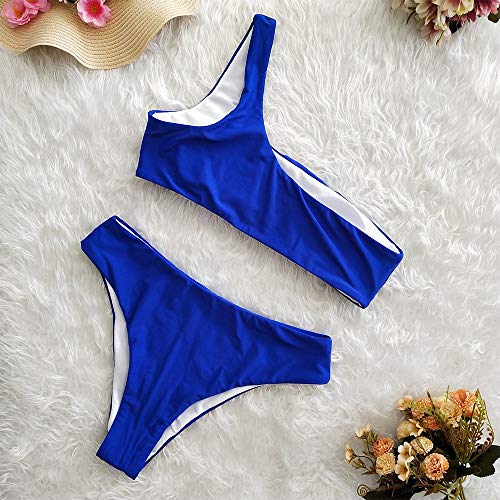 Mnyycxen Women Solid One Shoulder Sports Tankini Set Padded Bikini Swimwear Bathing Beachwear Blue