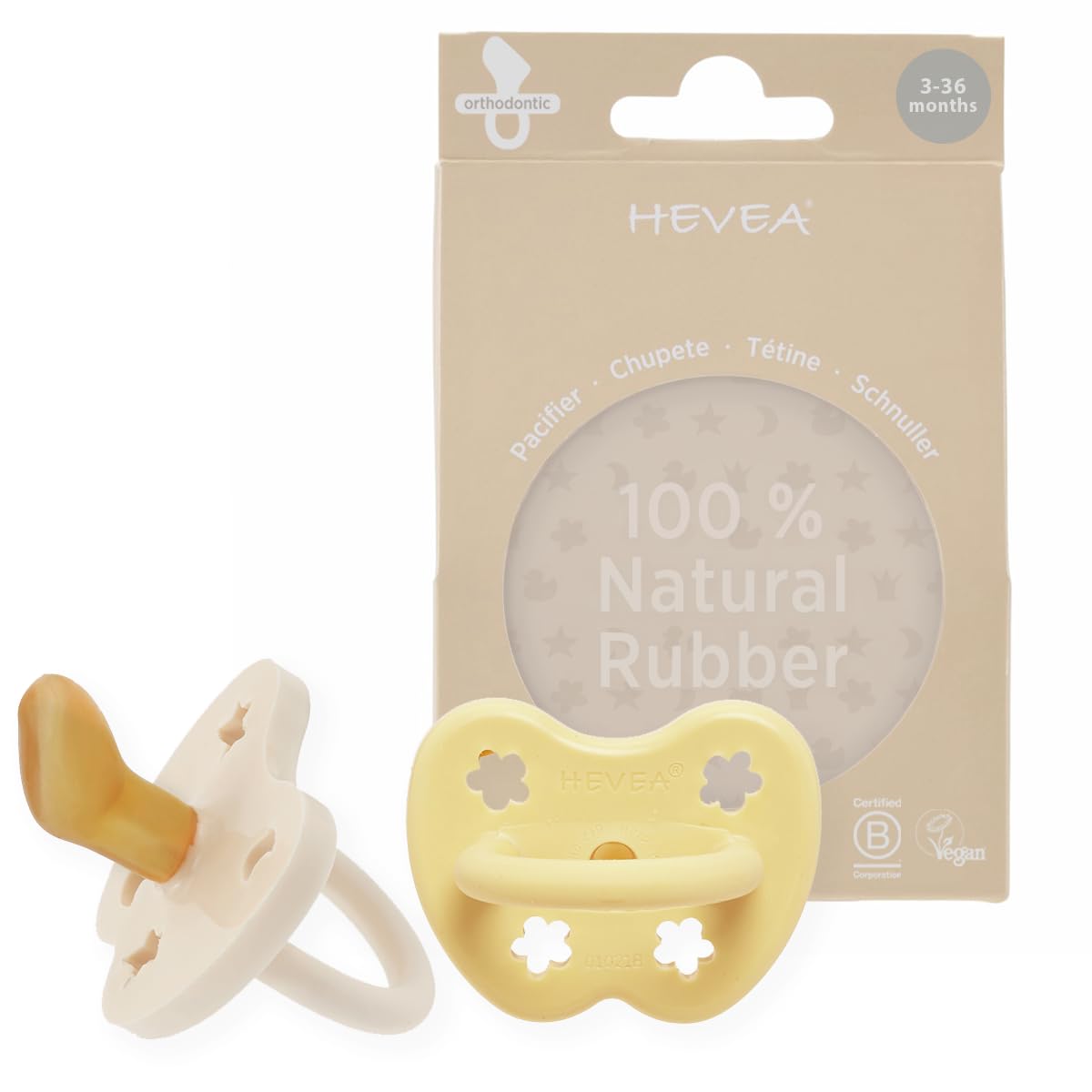 HEVEA Natural Rubber Dummy Pacifier Orthodontic 3-36 Months – Hygienic One Piece Design for Newborns to Toddlers, BPA-Free, Soft & Durable – 2-Pack (Pale Butter & Milky White) — image 1