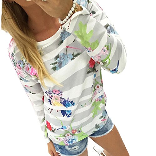 YANG-YI Women Striped Floral Print Sweatshirt Long Sleeve Loose Blouse Cotton (L, Gray)