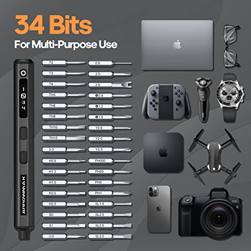 Electric Screwdriver- AM ARROWMAX Cordless Precision Screwdriver Set with 34 Magnetic Precision Bits,4 Gears Torque, Rechargeable Repair Tool Kit for Electronics Laptop Glasses Watch (SES), Black