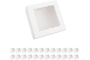 BAKIPACK 25 White Bakery Boxes with Window, 8x8x4 Inches Cake Boxes with Window, Treat Boxes for Pastry, Cupcake, Cookies, Mu