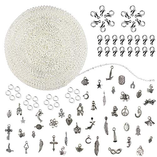33 Feet Necklace Jewelry Chain with 50 Charms Pendants, 80 Jump Rings and 30 Lobster Clasps Stainless Steel Silver Plated Jewelry Chain for Bracelet Making Jewelry Repair