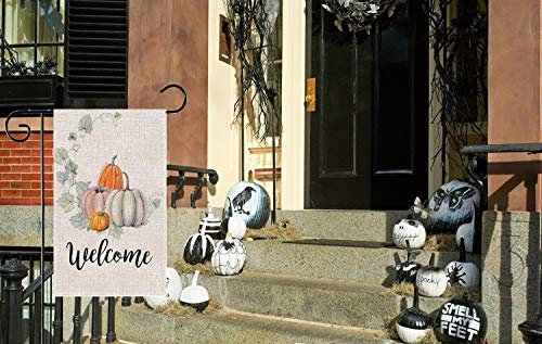 PINCHUANG Fall Welcome Pumpkin Garden Flag - Double Sided Decorative Autumn Thanksgiving Farmhouse Harvest Garden Flag Yard Burlap Banner for Indoor & Outdoor Decoration(Not Include a Flag Pole)