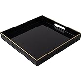 MAONAME Decorative Tray, Black Serving Tray with Handles, Coffee Table Trays, Square Plastic Trays for Ottoman, Bathroom, Kitchen, 13"x13"x1.57"