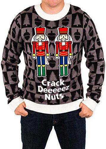 Ugly Christmas Sweater - Crack Deez Nuts Naughty Nutcracker Sweater in Black (Large) By Festified