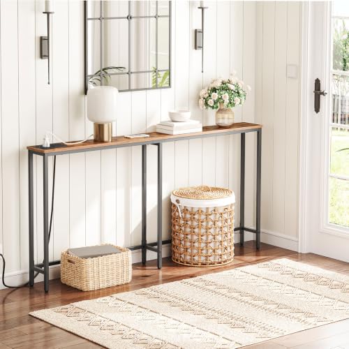 HOOBRO Extra Narrow Console Table with Power Outlets, Skinny Entryway Table for Living Room, 160 cm Slim Behind Couch Table, Thin Sofa Table for Hallway, Foyer, Rustic Brown and Black EBF165KXG01